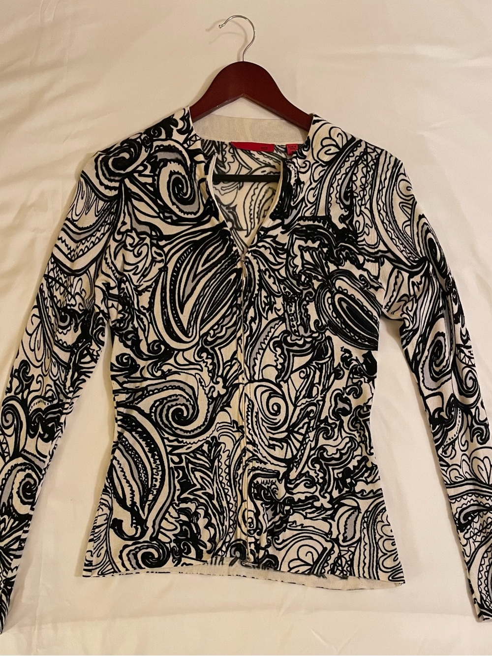 Red brand Black & White Paisley zip up Cardigan Sweater.